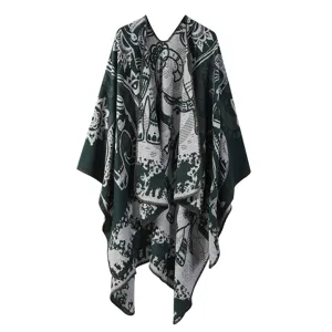 Poncho châle en tricot à motif ethnique vert foncé pour femmes, cape élégante automne hiver.