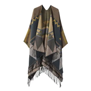 Women's autumn winter geometric patterned fringe shawl cape warm cozy boho style fashion wrap