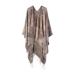 Damen Böhmisch Ethisch Geometrisches Druckmuster Quasten Schal Cape Verdickt Imitat Kaschmir Offene Front Poncho
