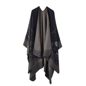 Knitted poncho shawl cape, retro floral pattern design, warm open front winter outerwear.
