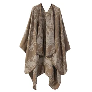 Châle cape en tricot rétro pour femmes, automne hiver chaud et réversible élégant.