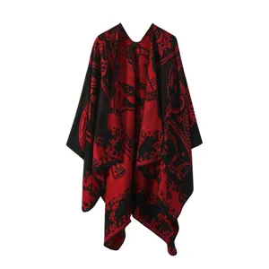 Cape châle tricotée réversible rouge et noire motif éléphant style rétro pour femme hiver