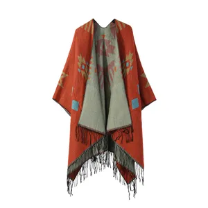 Châle ponšo imitation cachemire pour femme, motif géométrique tribal, franges, cape chaude.