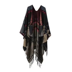 Women's autumn winter geometric fringe poncho cloak, warm imitation cashmere fashion scarf.