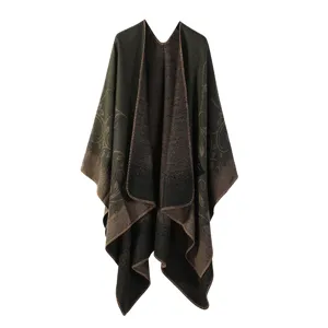 Close-up of vintage ethnic knitted shawl cape, showing exquisite retro patterns and soft fabric.