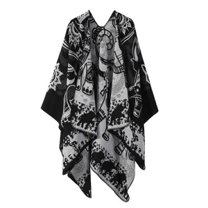 Élégant poncho tricoté noir et blanc pour femmes avec motif éléphant châle d'hiver