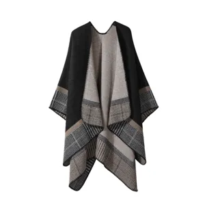 Women's Winter Warm Faux Cashmere Cape Shawl Open Front Color Block Plaid Striped Poncho Casual Reversible Cloak Outerwear