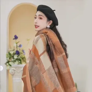 Autumn winter thick plaid tassel shawl knitted cape scarf for women fashion outerwear
