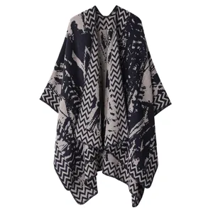 Damen Winter Warmer Kaschmir Gefühl Strick Poncho Cape Offene Front Zickzack Schal