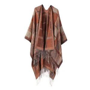 Women's autumn winter knitted plaid poncho cape with cozy tassels stylish warm shawl wrap apparel