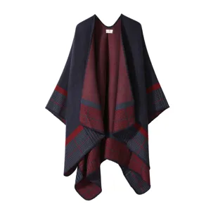 Casual winter women warm reversible plaid poncho cape stylish outer wear shawl scarf