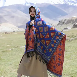 Ethnic style hooded cape, thick warm imitation cashmere shawl for women travel outdoor.