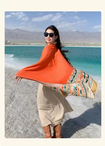 Sciarpa mantella in imitazione cashmere stile etnico colorblock invernale calda per donna
