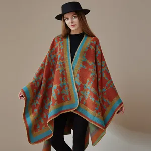Autumn winter women casual fashion knitted pattern poncho warm cashmere feel cape shawl outerwear