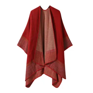 Red faux cashmere cape shawl detail, winter warm open front poncho with striped border pattern