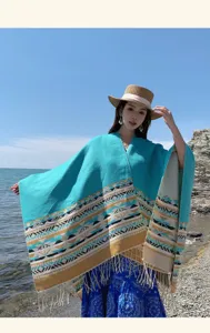 Donna poncho stile etnico scialle imitazione cashmere mantella calda inverno spiaggia viaggio