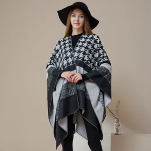 Damen Hahnentritt Strick Poncho Herbst Winter Lässiger Cape Schal Umhang Überwurf
