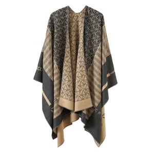 Damen boho geometrisches Muster Poncho Winter warme Kaschmirimitat Schal Umhang Cape