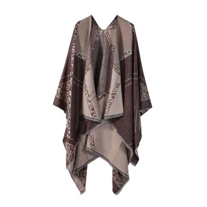 Femme automne hiver rétro léopard motif géométrique châle cape poncho franges détail