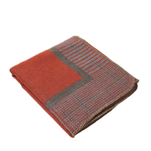 Detailed view of an autumn winter imitation cashmere shawl scarf with geometric plaid pattern.