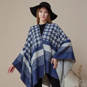 Schickes Hahnentritt-Muster Strickponcho Detail, stilvoll warme Herbst Winter Damen.