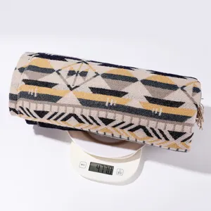 Ethnic style woven shawl blanket detail showing weight and geometric pattern design texture.