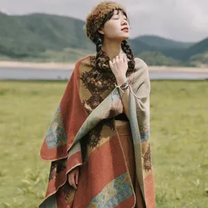 Châle Enveloppant à Franges Imprimé Totem Ethnique Vintage pour Femmes Motif Géométrique Chaud Cape Oversize