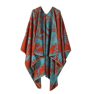 Femme vintage dinosaure motif tricot châle rétro ouvert devant cape d'hiver chaude