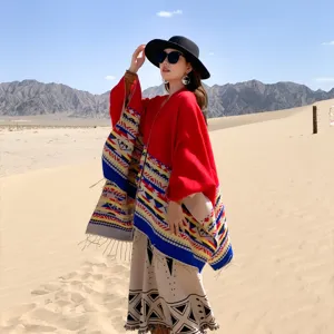 Ethnic style women poncho cape winter warm geometric pattern fringe shawl outerwear fashion