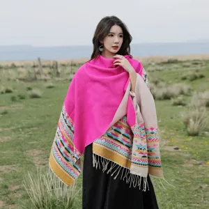 Women ethnic style thick warm winter shawl cloak vintage geometric pattern tassel outerwear