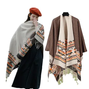 Women ethnic style warm thick cape shawl winter geometric pattern tassel outerwear top