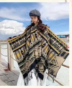 Retro ethnic geometric pattern tassel poncho cape women warm winter fashion shawl blanket.