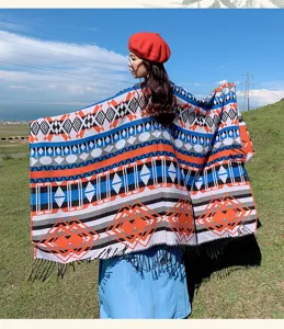 Ethnic geometric pattern fringe cashmere-like shawl cloak warm winter travel wear for women
