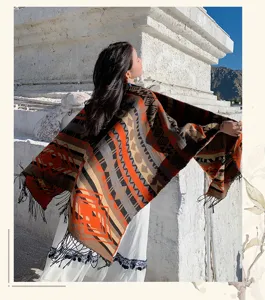 Retro ethnic style geometric patterned tassel shawl warm imitation cashmere bohemian cloak for women