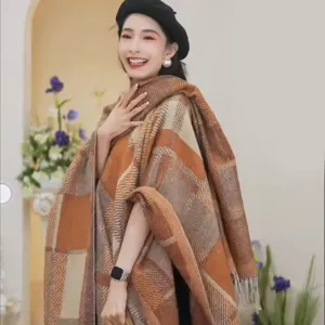 Autumn winter women tassel plaid shawl vintage knitted cape ethnic warm cozy poncho scarf