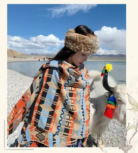 Retro ethnic style cashmere feel poncho shawl for women travel winter warm outfit scarf cape.