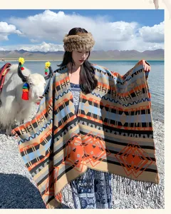 Ethnic style geometric print tassel poncho women retro warm cashmere-like cape winter shawl