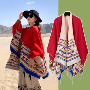 Ethnic style double-sided color-blocked cape winter warm fashion shawl for women outdoor