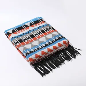 Retro ethnic geometric pattern imitation cashmere shawl scarf with black fringe.