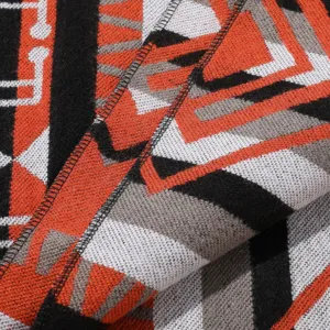 Detailed close-up view of the ethnic style geometric knit shawl fabric texture and edge.