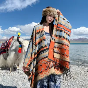 Women Retro Ethnic Geometric Pattern Imitation Cashmere Tassel Shawl Cape Winter Warm Open Front Poncho Wrap Scarf