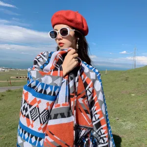 Retro ethnic geometric print imitation cashmere tassel shawl cape for women, warm winter scarf.