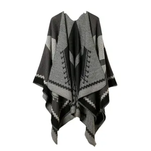 Women Autumn Winter Imitation Cashmere Shawl Retro Ethnic Geometric Pattern Open Front Cape Warm Poncho Scarf