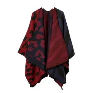 Winter warm knitted cape shawl, red leopard print and blue striped fashion poncho.