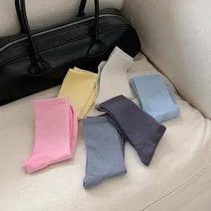 Colorful ribbed mid-tube socks set, candy color casual cotton socks for spring and summer daily wear.