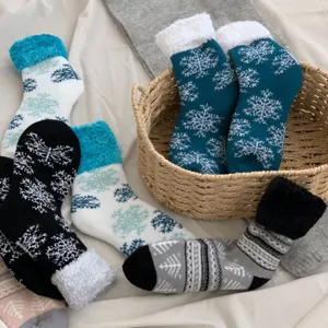 Cozy thick plush winter thermal socks with snowflake pattern, soft warm fuzzy snow boots socks.