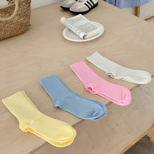 Candy color ribbed mid-tube socks, soft cotton casual daily wear for spring and summer.