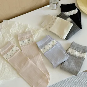 Women's floral bubble cuff crew socks, Korean style cute vintage stackable summer thin hosiery.