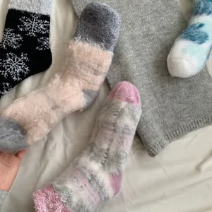 Detailed view of winter plush warm mid-tube socks featuring soft fluffy texture and patterns.