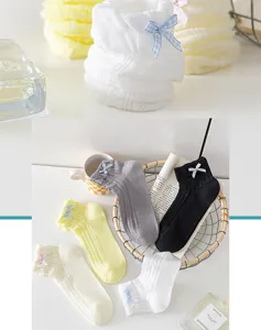 Details of women's cute bow mesh short socks, breathable summer style sweet socks.